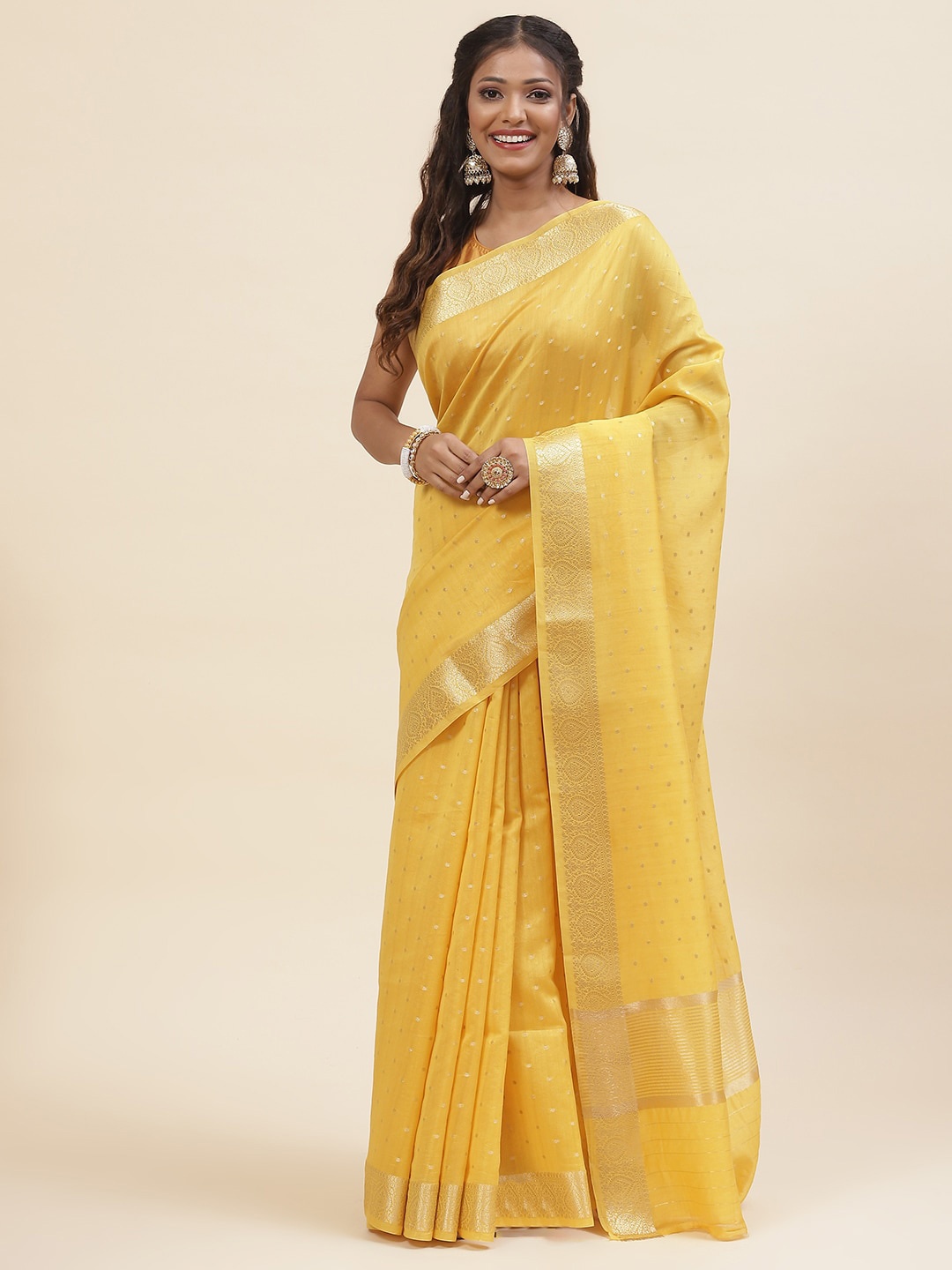 

Meena Bazaar Ethnic Motifs Woven Design Zari Saree, Mustard