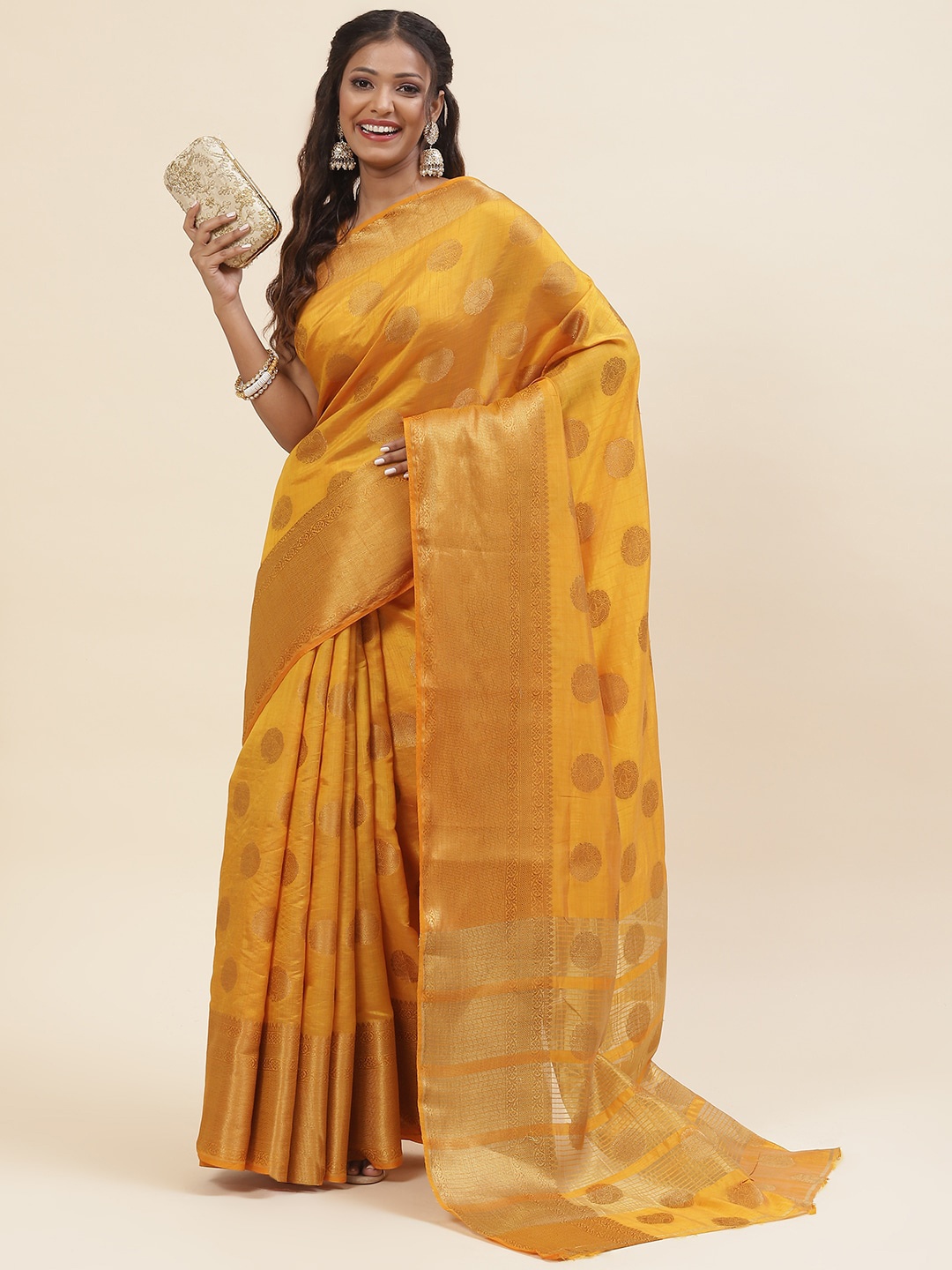 

Meena Bazaar Ethnic Motifs Woven Design Zari Saree, Mustard