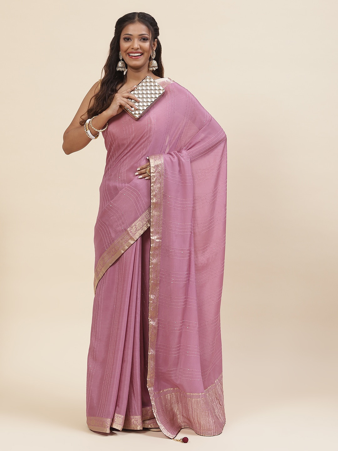 

Meena Bazaar Embroidered Striped Sequined Saree, Purple