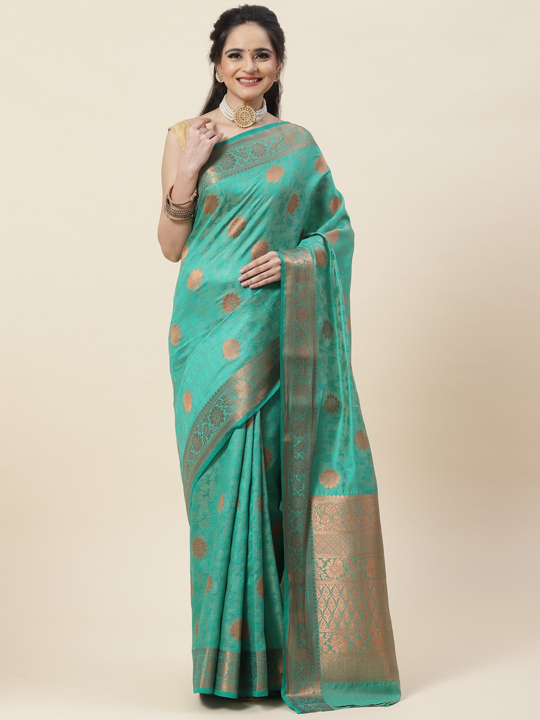 

Meena Bazaar Floral Woven Design Zari Saree, Green