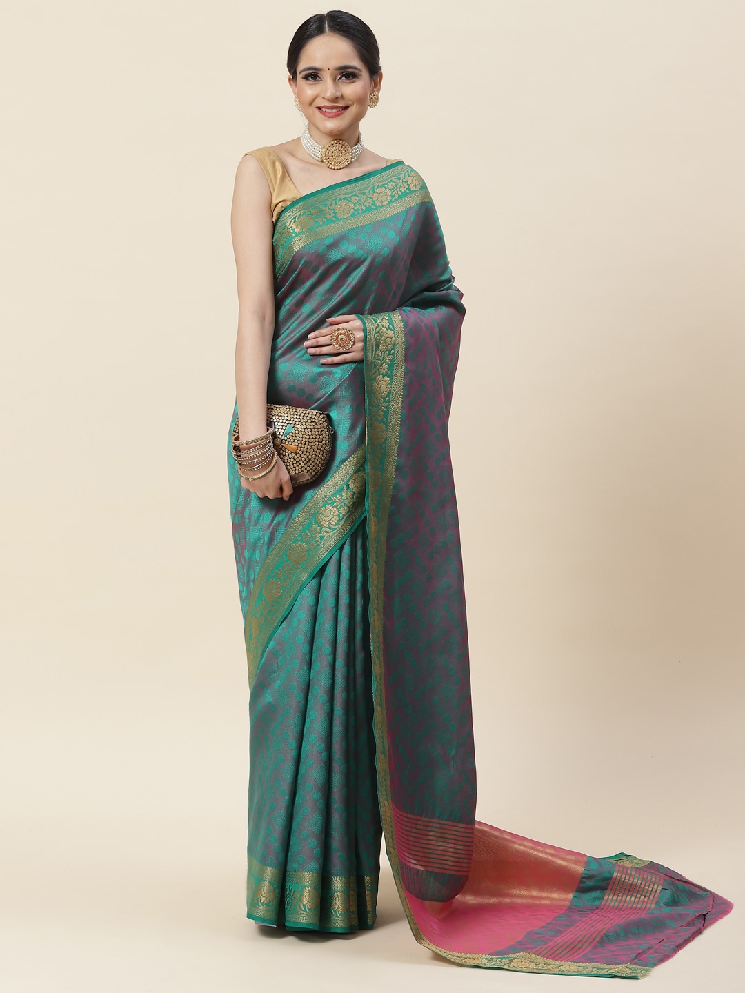 

Meena Bazaar Ethnic Motifs Woven Design Zari Art Silk Saree, Green
