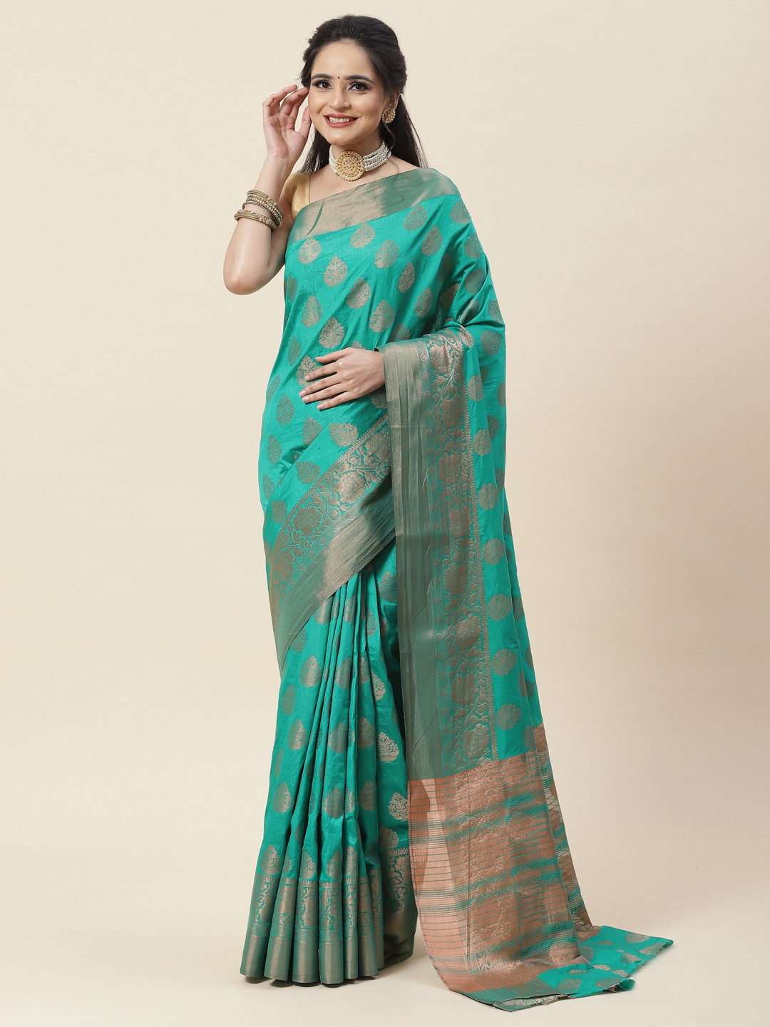

Meena Bazaar Floral Woven Design Zari Saree, Green
