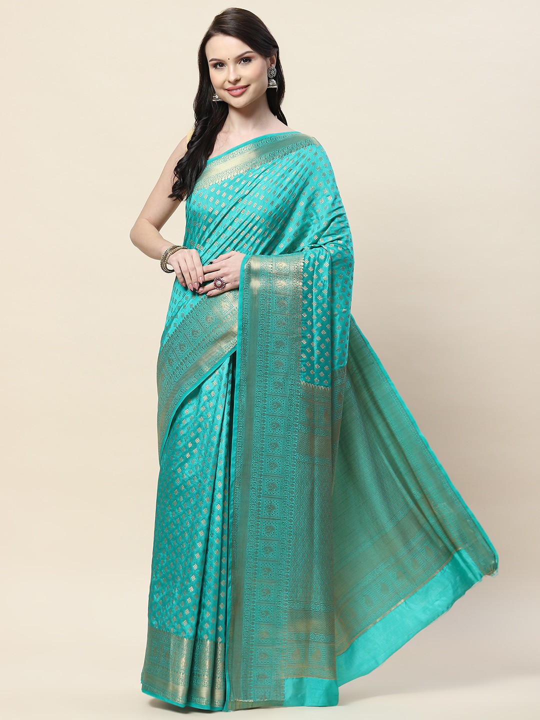 

Meena Bazaar Geometric Woven Design Zari Saree, Sea green