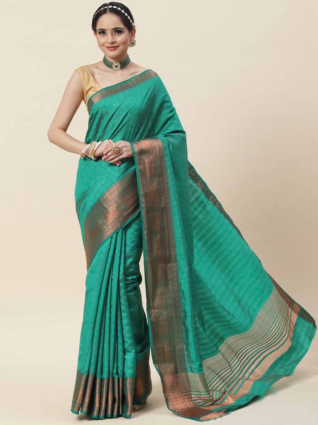 

Meena Bazaar Ethnic Motifs Woven Design Zari Art Silk Saree, Green