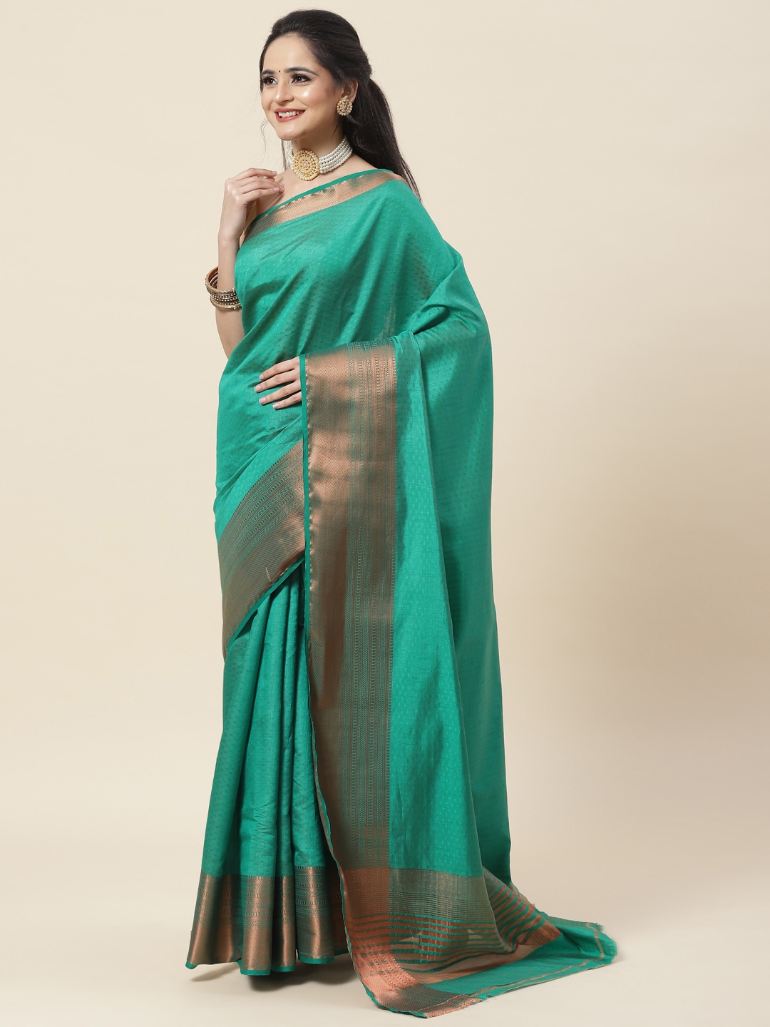 

Meena Bazaar Geometric Woven Design Zari Saree, Green
