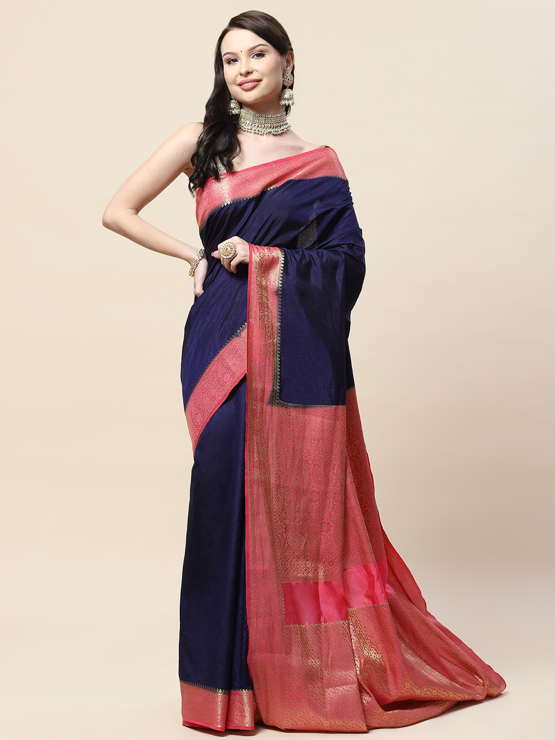 

Meena Bazaar Woven Design Border Zari Art Silk Saree, Navy blue