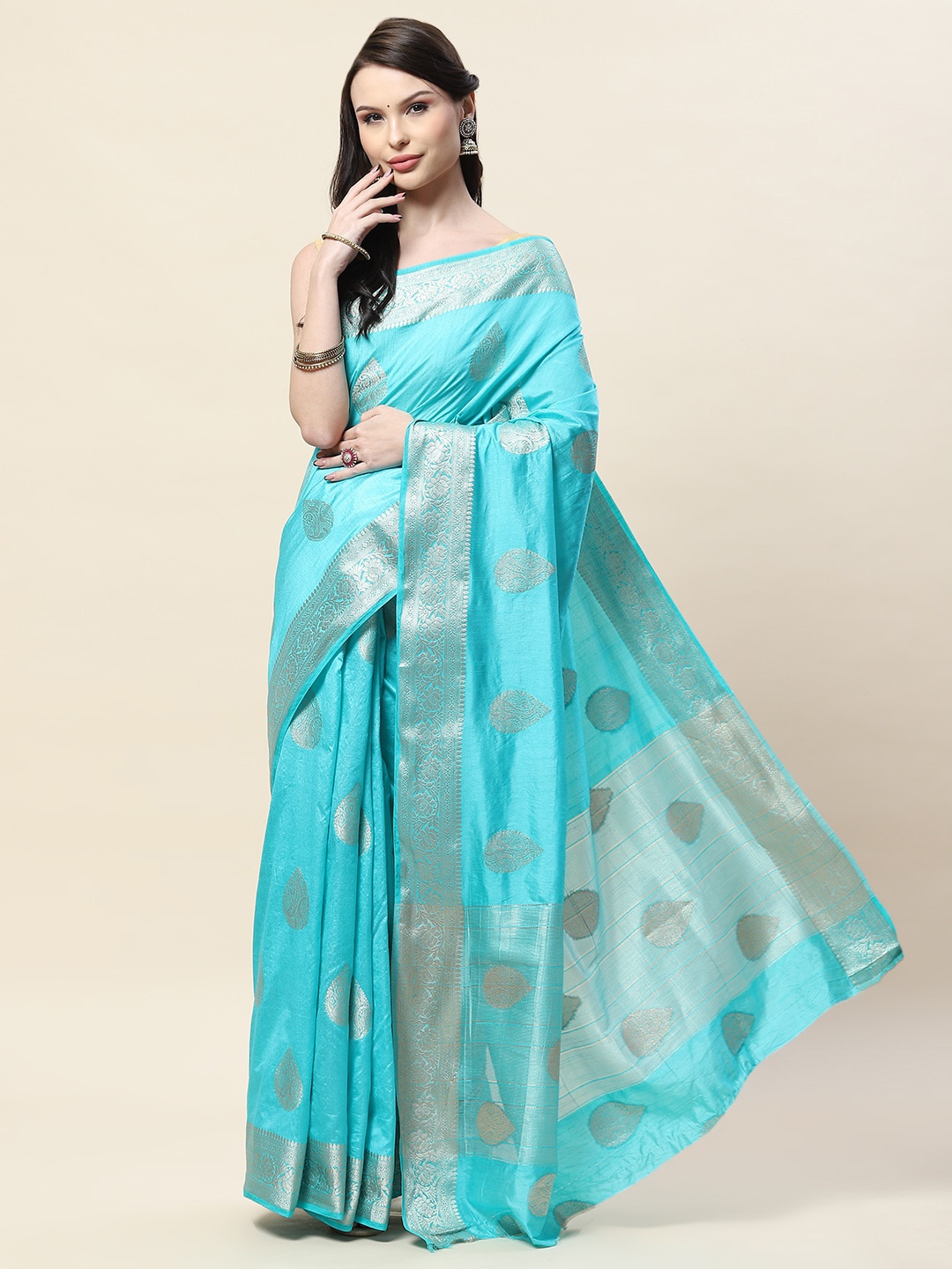 

Meena Bazaar Ethnic Motif Woven Design Zari Saree, Blue