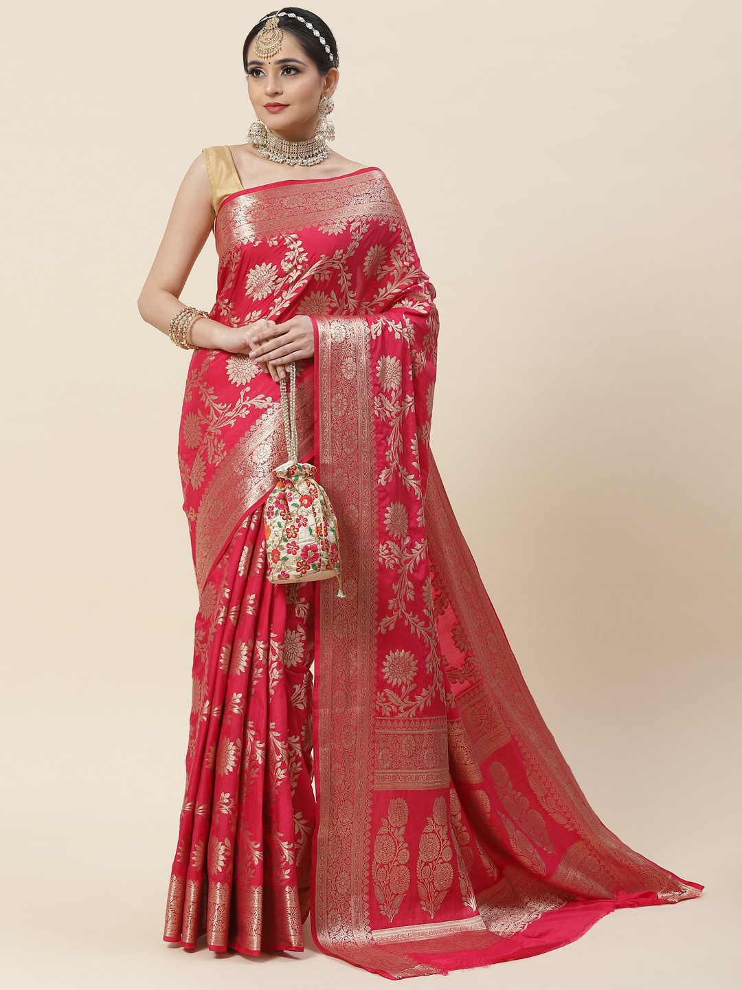 

Meena Bazaar Ethnic motifs Woven Design Zari Saree, Pink
