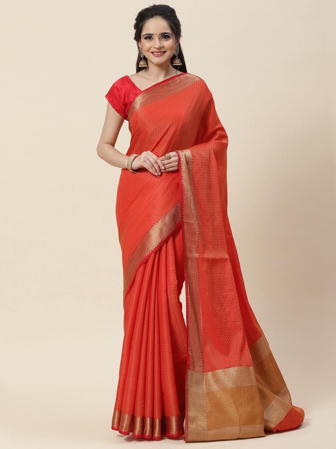 

Meena Bazaar Red & Gold-Toned Woven Design Zari Art Silk Saree