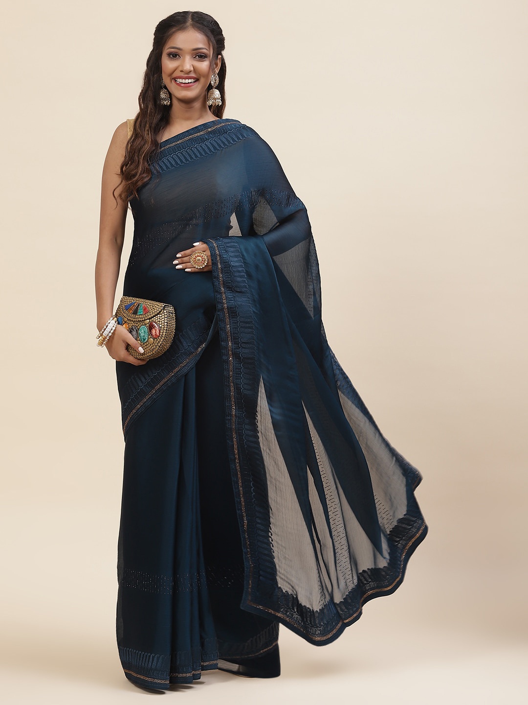 

Meena Bazaar Blue & Gold-Toned Embellished Beads and Stones Saree
