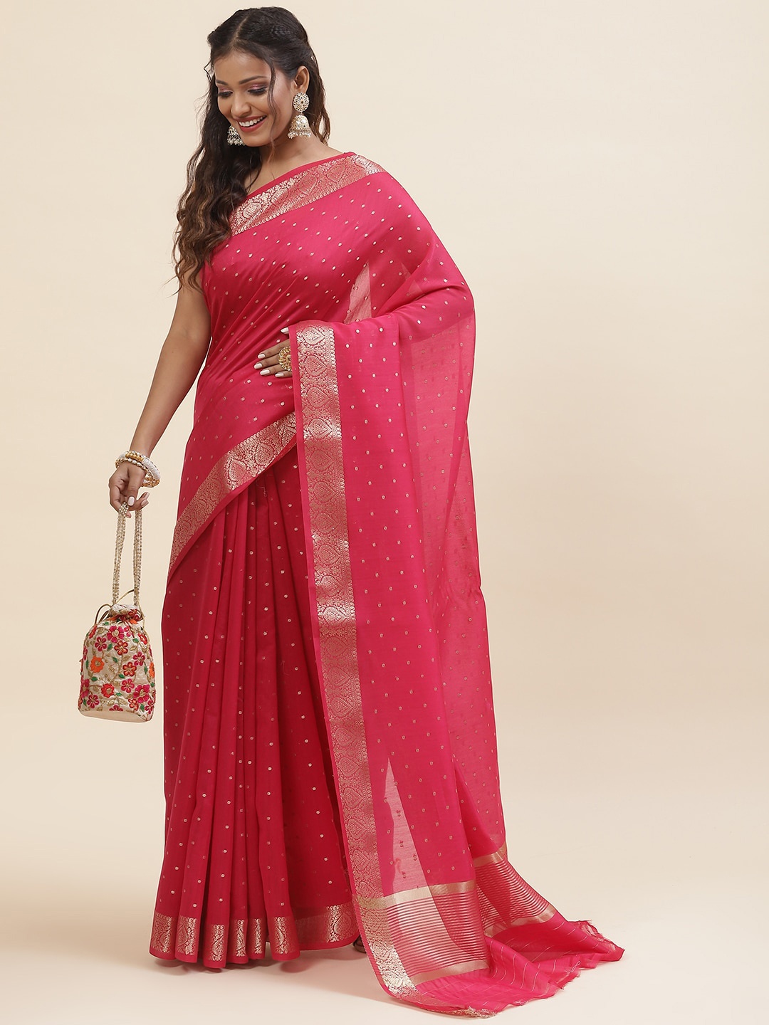 

Meena Bazaar Ethnic Motifs Woven Design Zari Saree, Pink