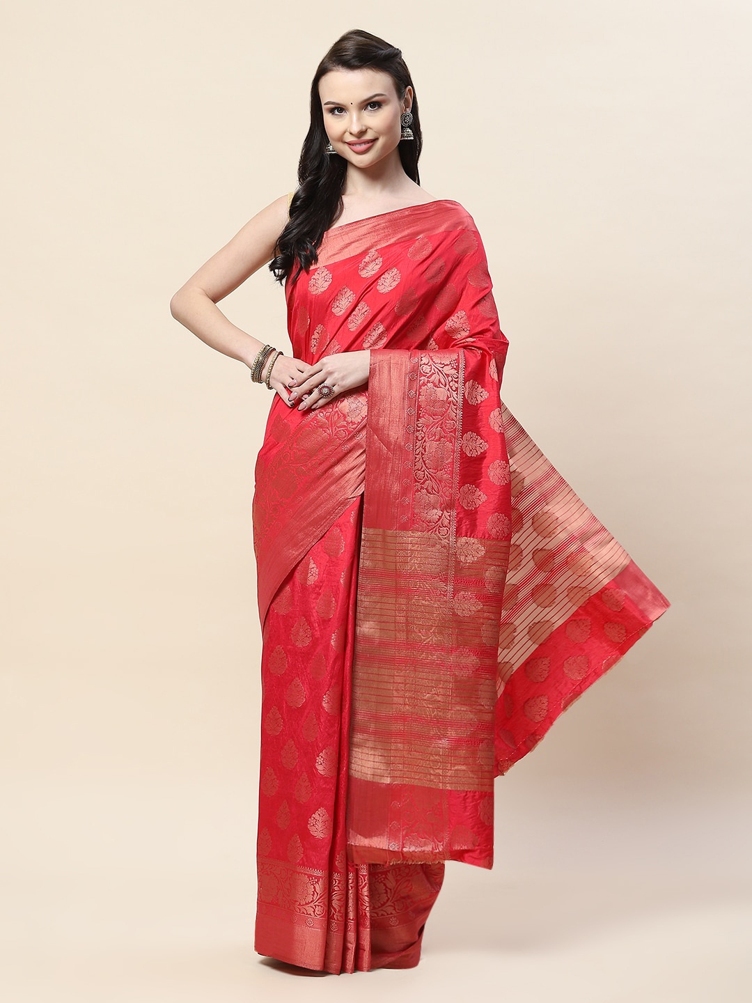 

Meena Bazaar Peach-Coloured & Gold-Toned Woven Design Zari Art Silk Saree