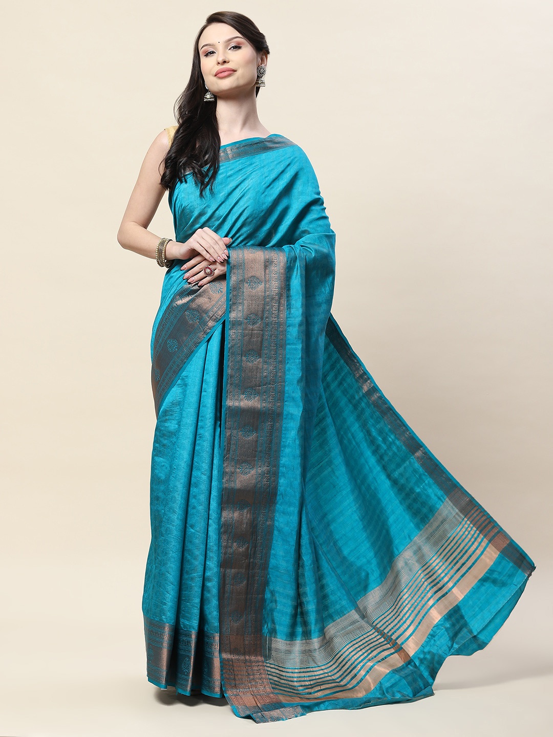 

Meena Bazaar Ethnic Motifs Woven Design Zari Art Silk Saree, Blue