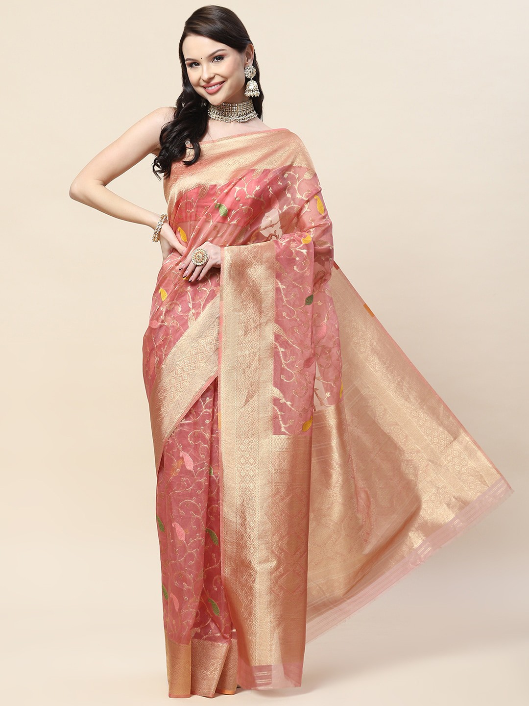 

Meena Bazaar Pink & Gold-Toned Woven Design Zari Organza Saree