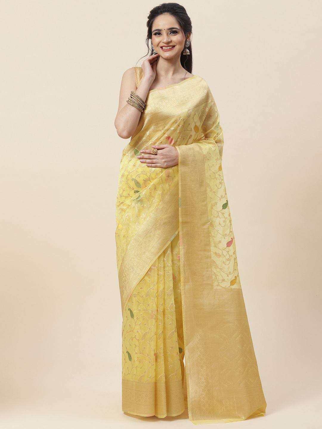 

Meena Bazaar Mustard & Green Woven Design Zari Organza Saree