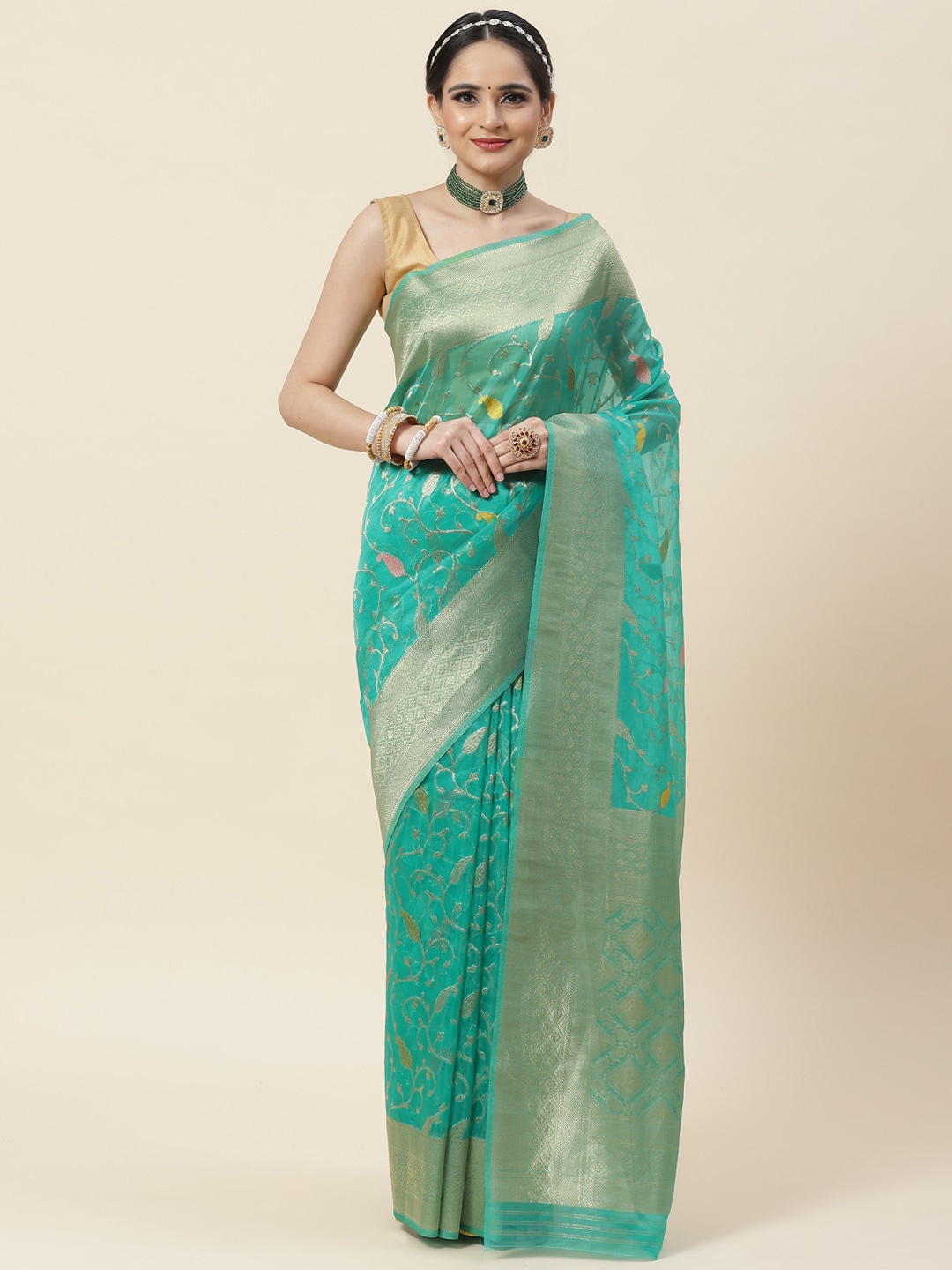 

Meena Bazaar Woven Design Zari Organza Saree, Sea green