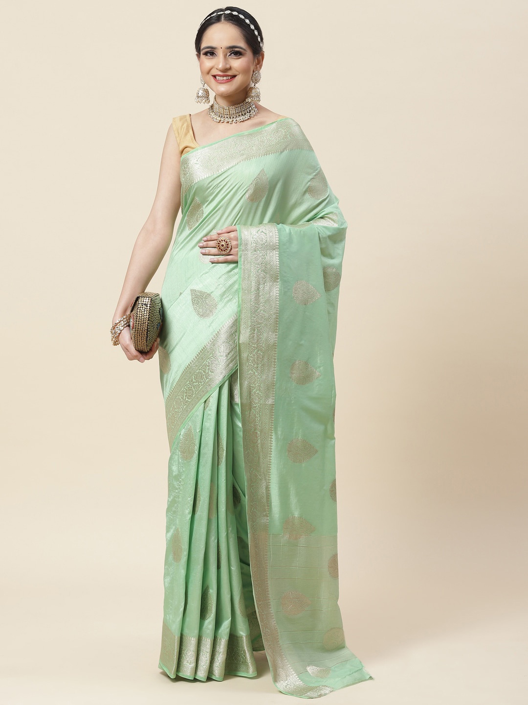 

Meena Bazaar Green & Gold-Toned Woven Design Zari Art Silk Saree