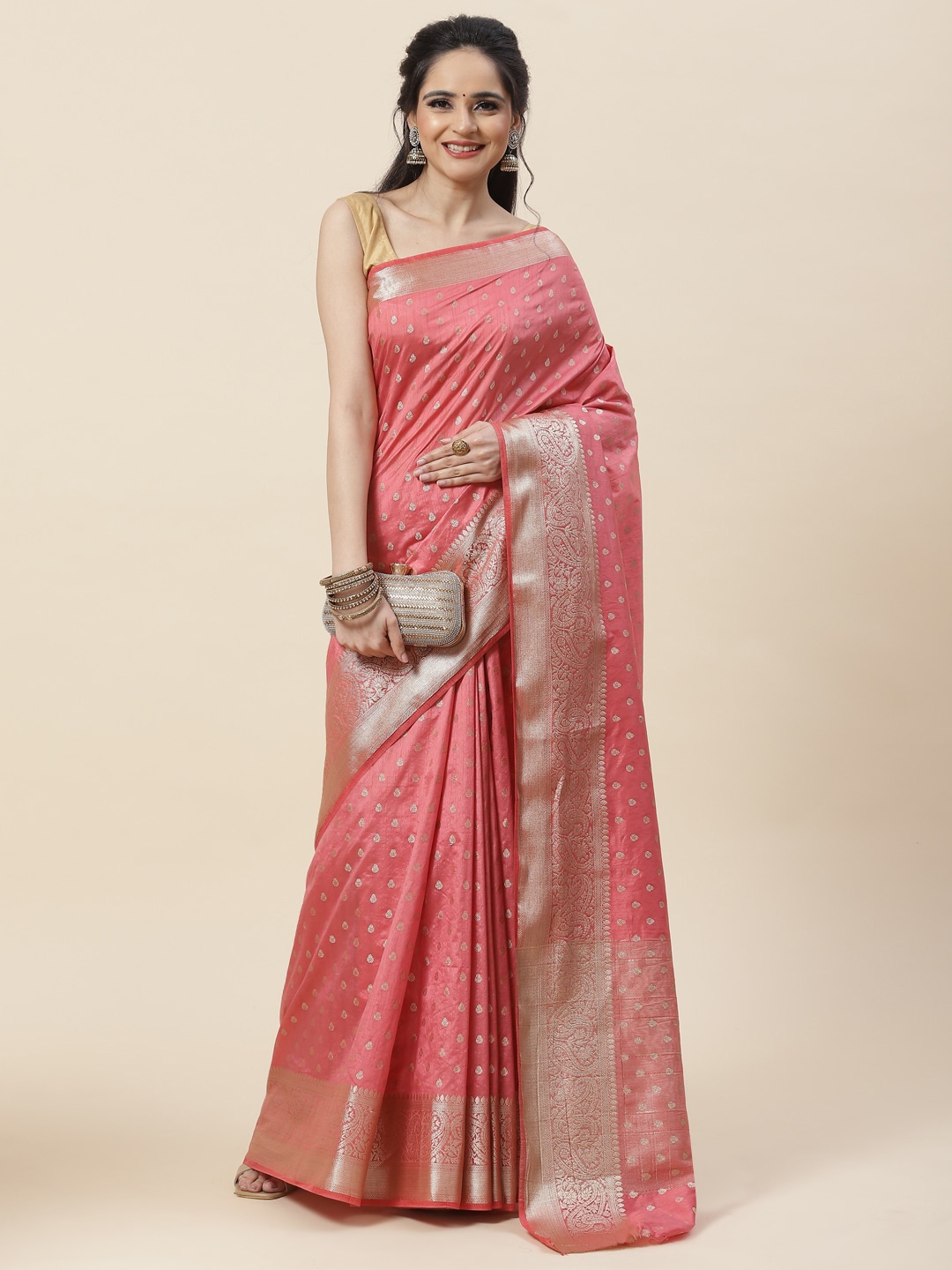 

Meena Bazaar Pink & Gold-Toned Woven Design Zari Art Silk Saree