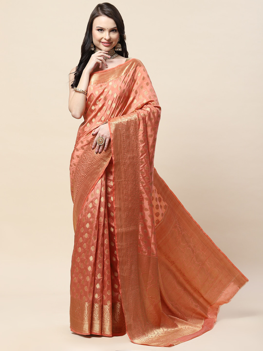 

Meena Bazaar Peach-Coloured & Gold-Toned Woven Design Zari Art Silk Saree