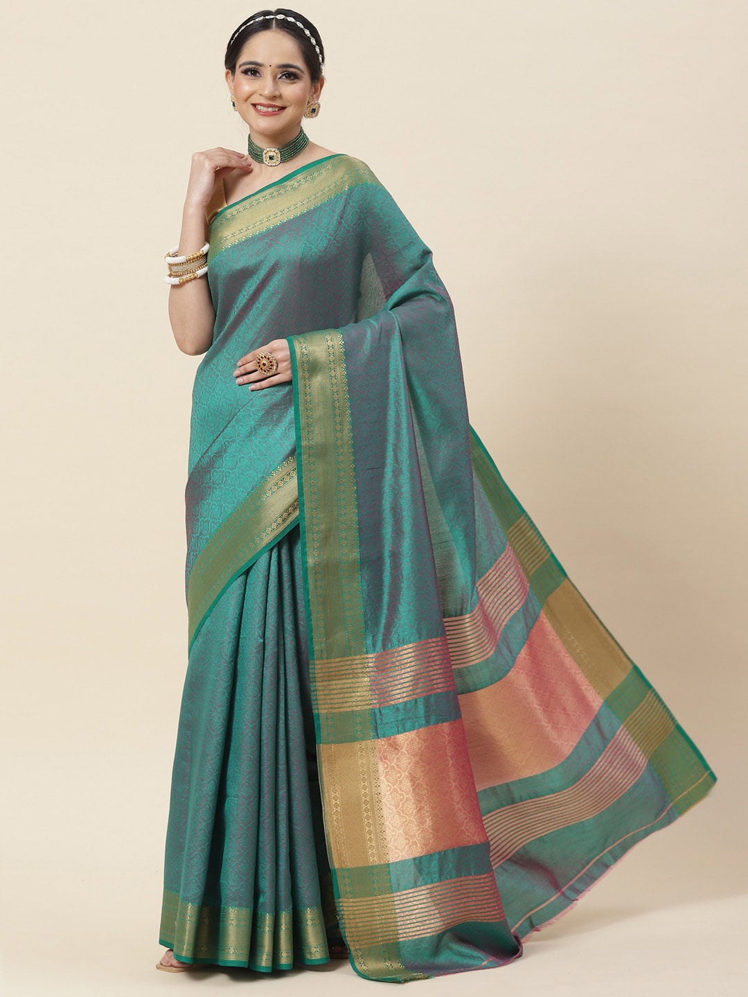 

Meena Bazaar Ethnic Motifs Zari Art Silk Saree, Green