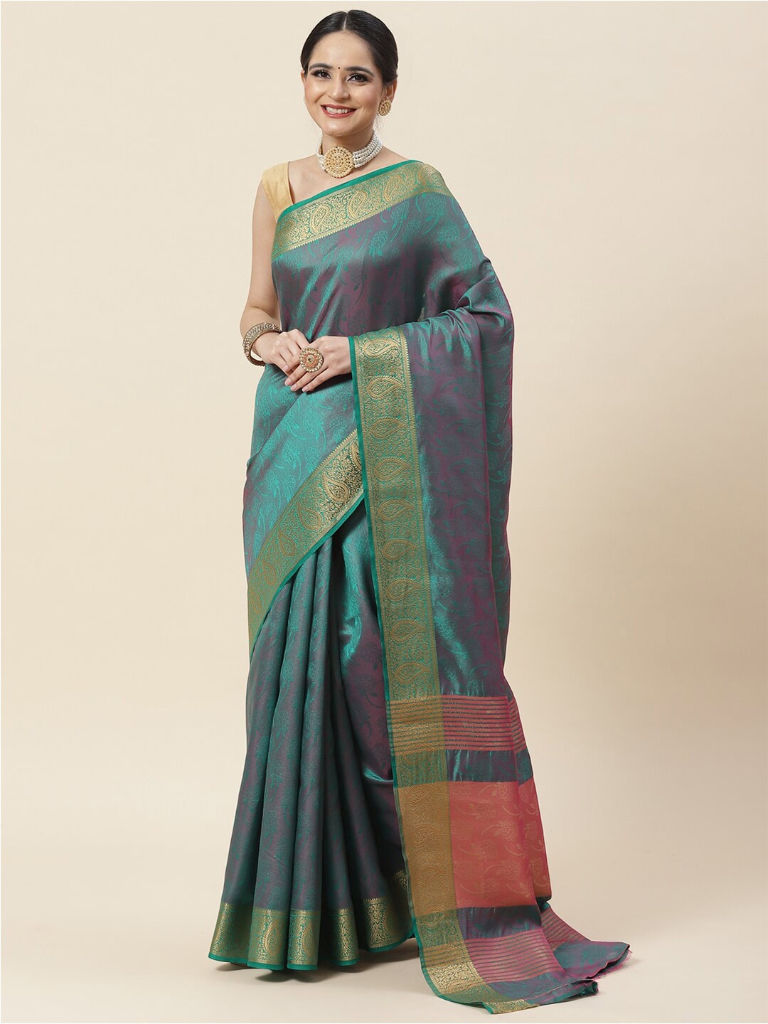 

Meena Bazaar Ethnic Motif Woven Design Zari Saree, Green