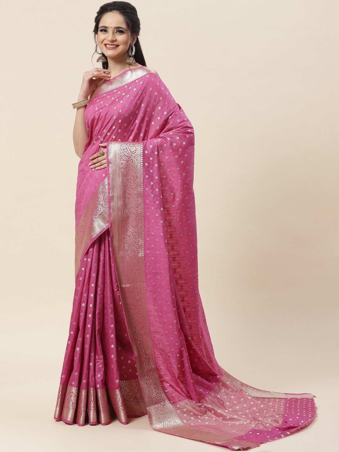 

Meena Bazaar Woven Design Zari Art Silk Saree, Pink