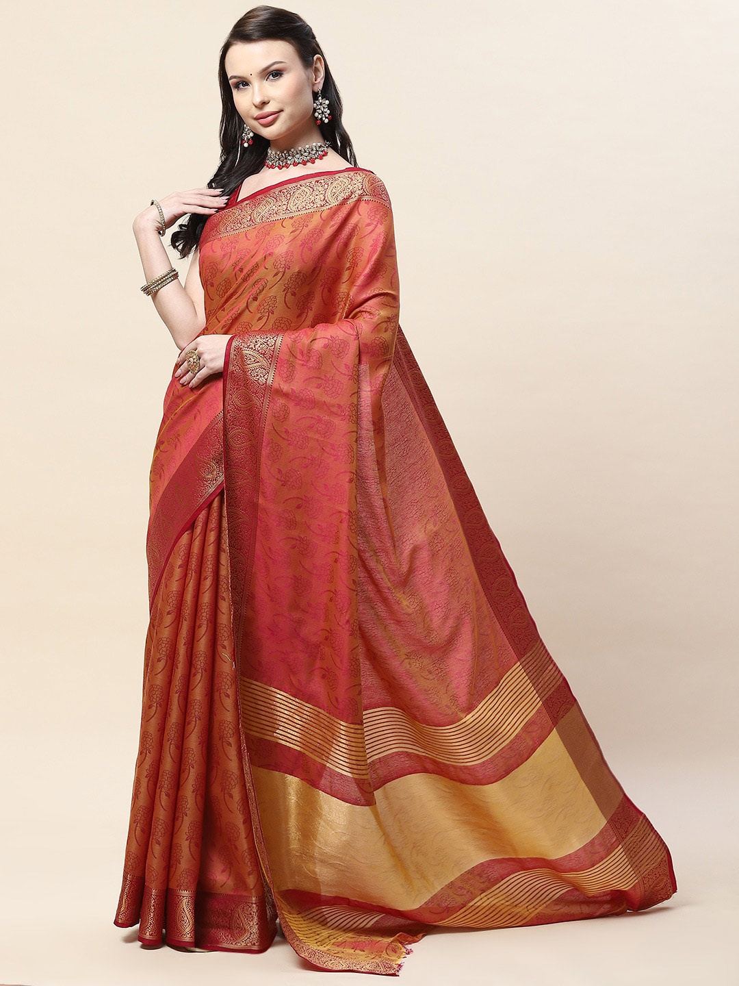 

Meena Bazaar Floral Woven Design Zari Art Silk Saree, Burgundy