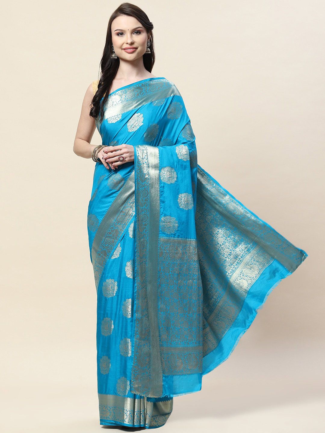 

Meena Bazaar Woven Design Zari Art Silk Saree, Turquoise blue