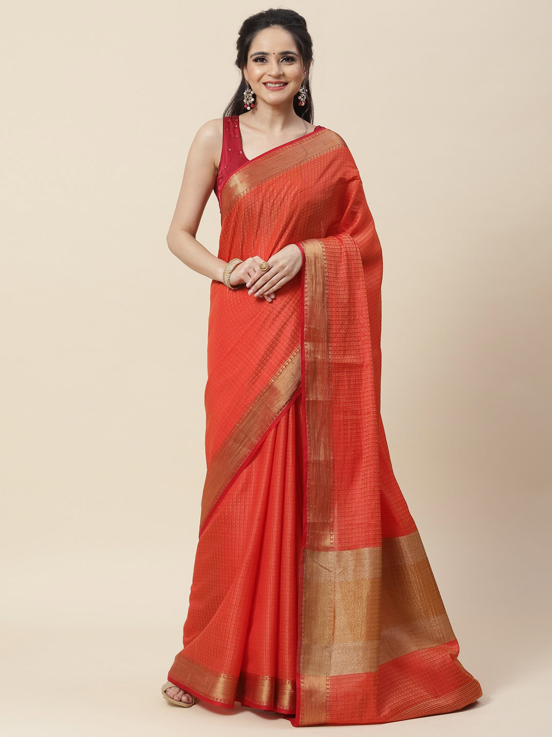 

Meena Bazaar Ethnic Motifs Zari Art Silk Saree, Red