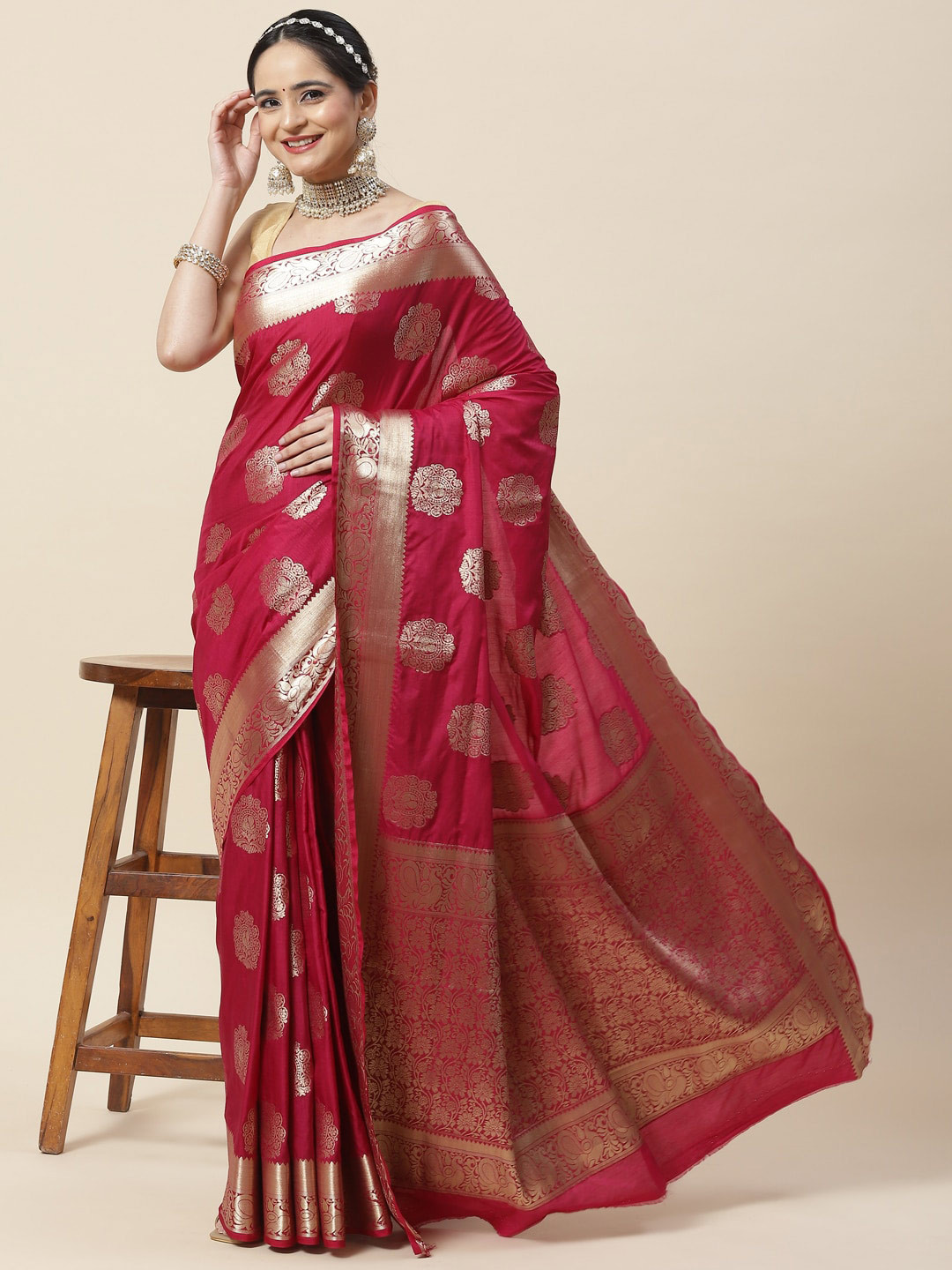 

Meena Bazaar Ethnic Motifs Woven Design Zari Saree, Burgundy