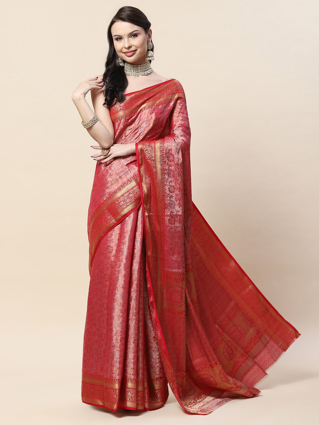 

Meena Bazaar Red & Gold-Toned Woven Design Zari Art Silk Saree