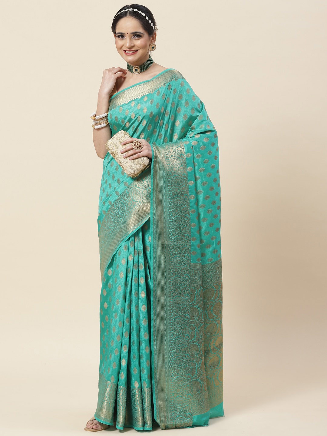 

Meena Bazaar Woven Design Zari Art Silk Saree, Sea green