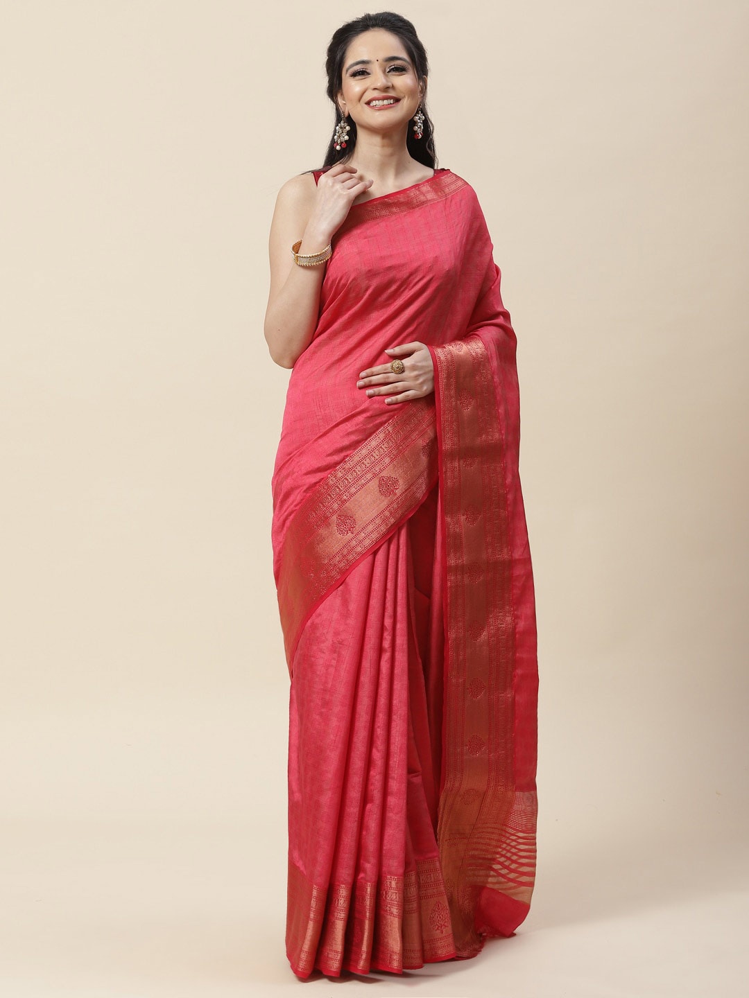 

Meena Bazaar Peach-Coloured & Gold-Toned Woven Design Zari Art Silk Saree