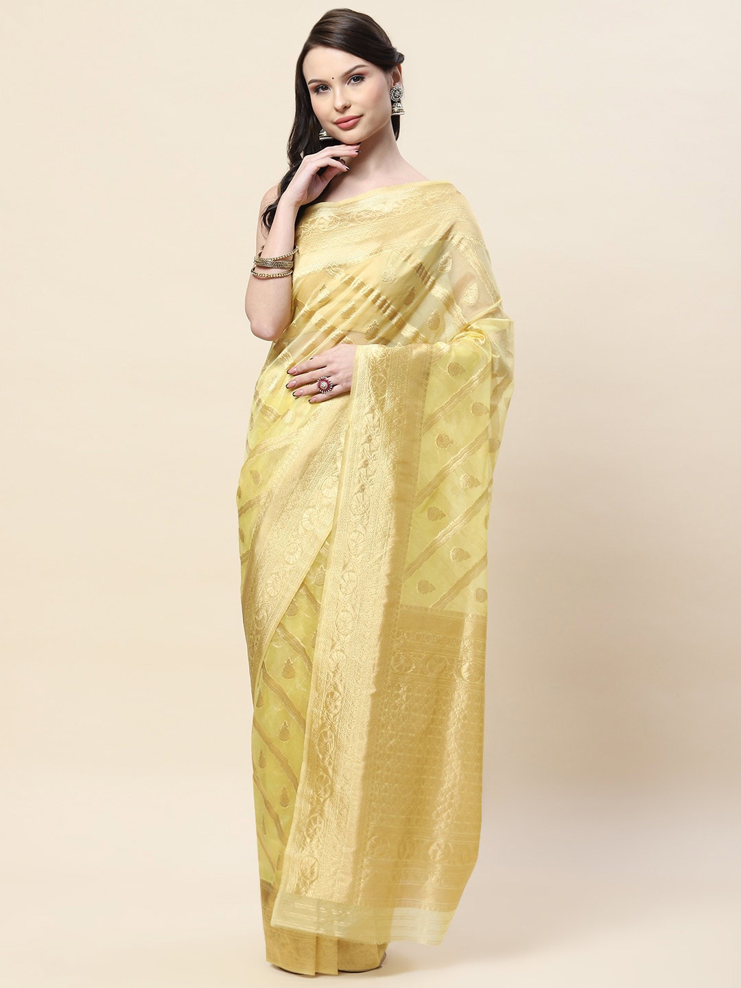 

Meena Bazaar Green & Gold-Toned Woven Design Zari Organza Saree