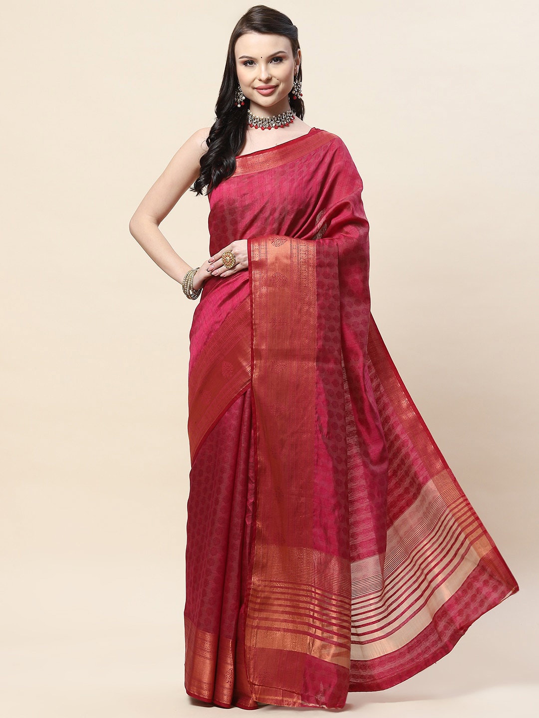 

Meena Bazaar Burgundy & Gold-Toned Woven Design Zari Art Silk Saree
