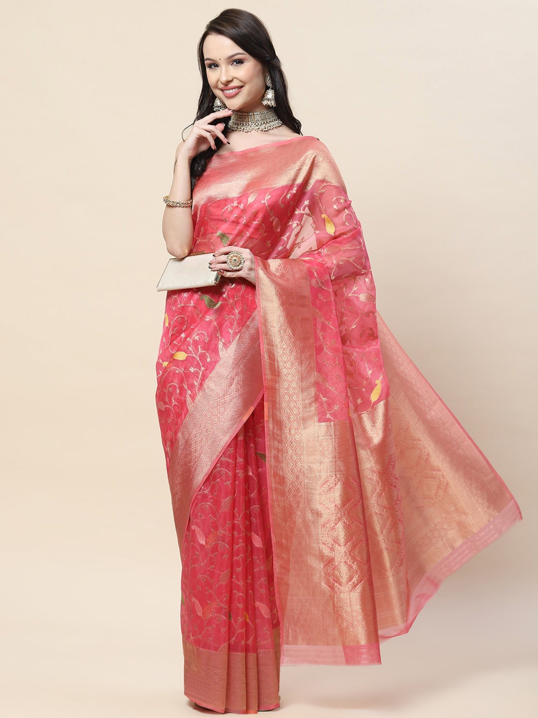 

Meena Bazaar Pink & Green Woven Design Zari Organza Saree