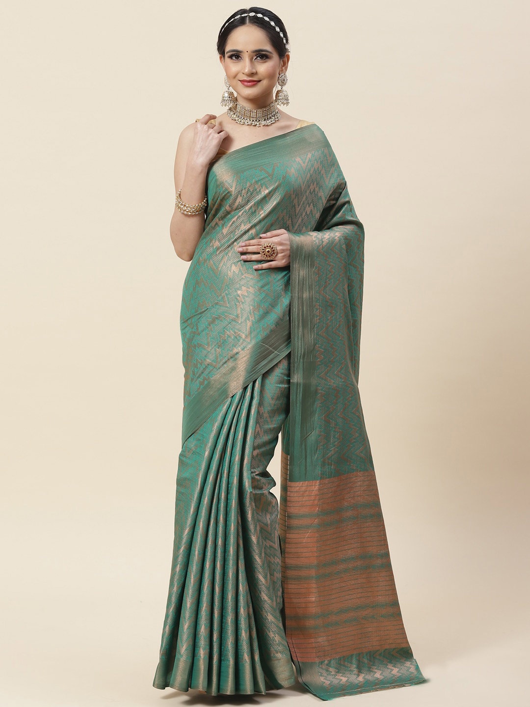 

Meena Bazaar Geometric Woven Design Zari Saree, Green