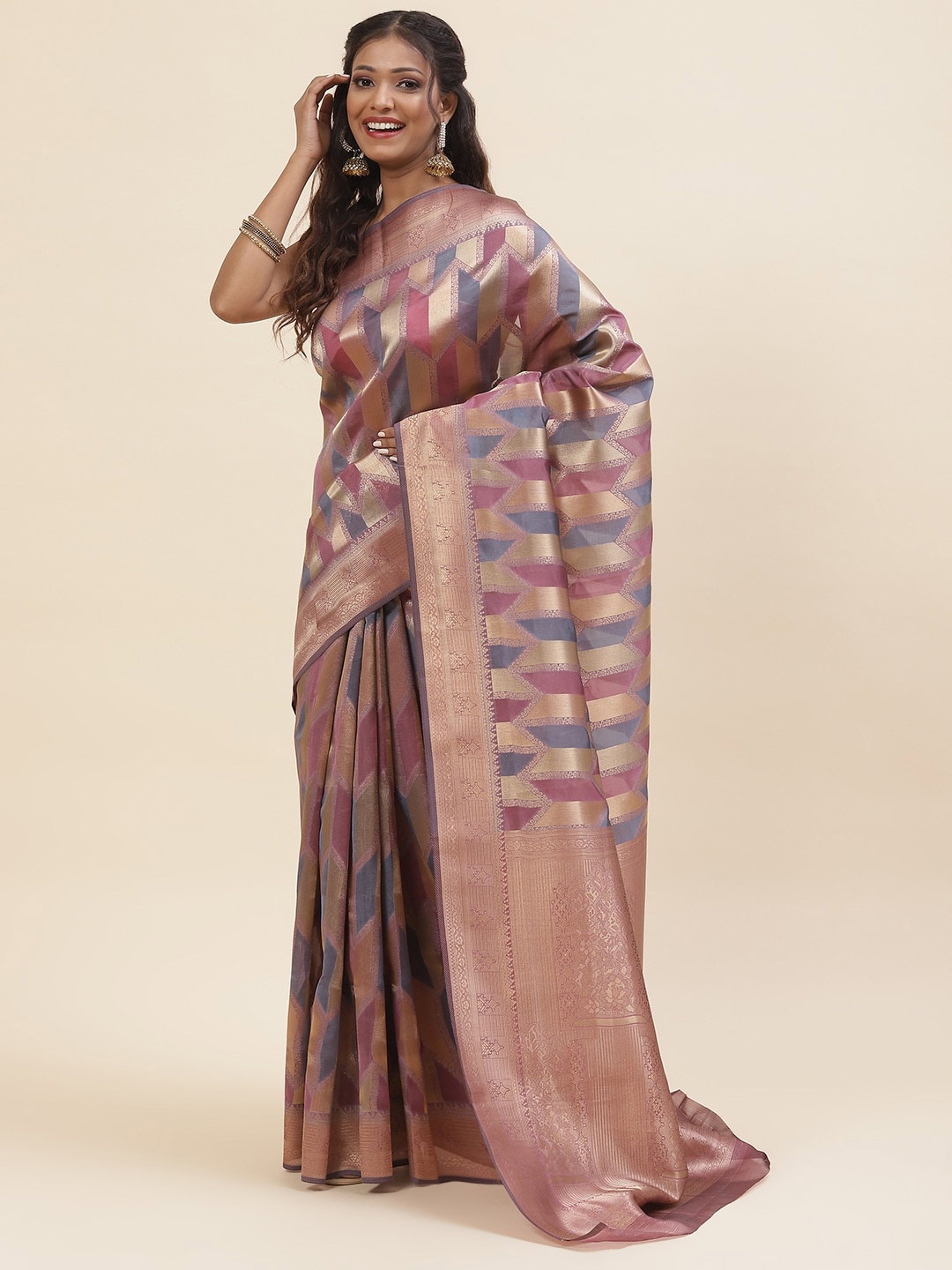 

Meena Bazaar Woven Design Zari Organza Saree, Purple