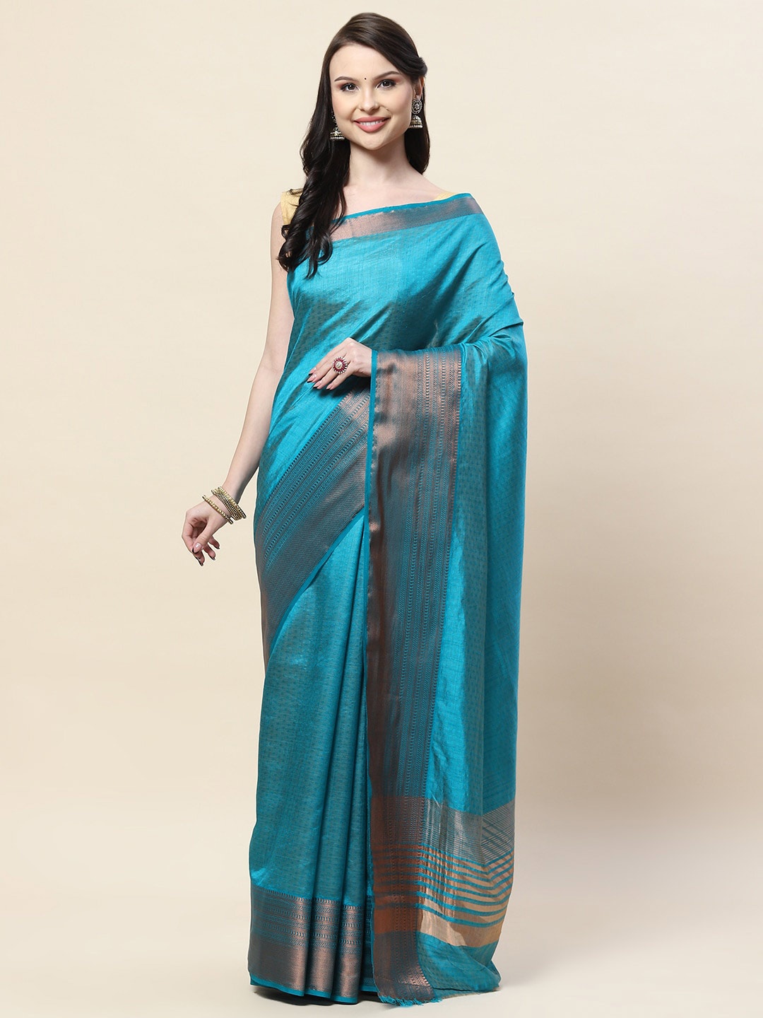 

Meena Bazaar Blue & Copper-Toned Woven Design Zari Art Silk Saree