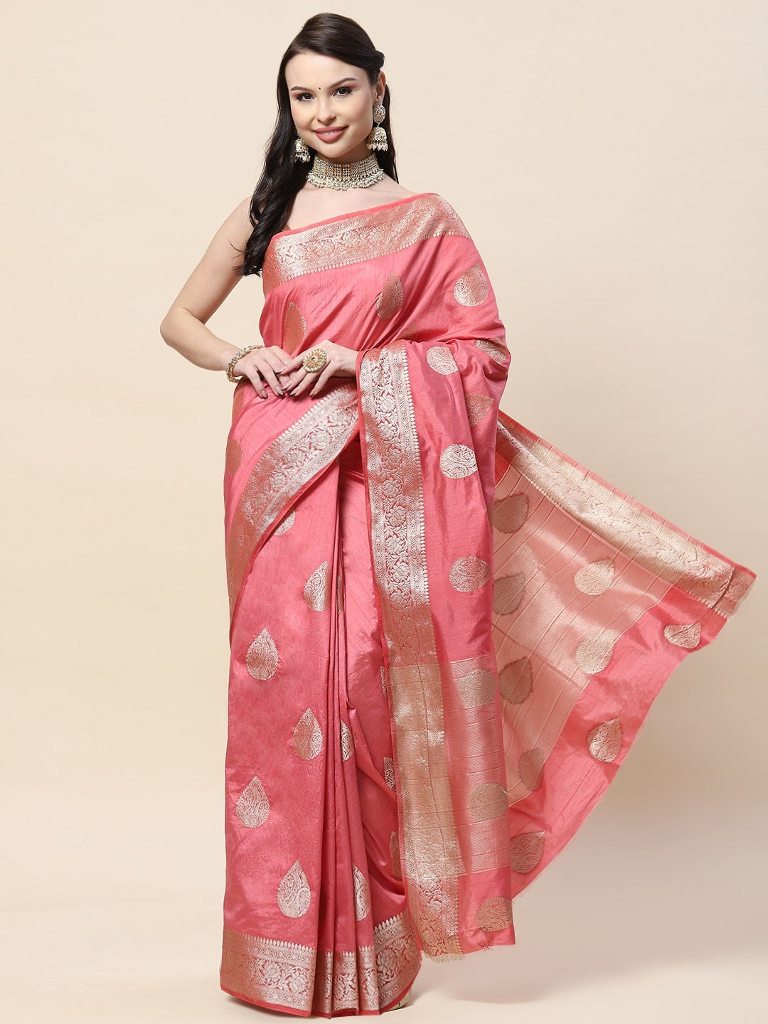 

Meena Bazaar Peach-Coloured & Gold-Toned Woven Design Zari Art Silk Saree