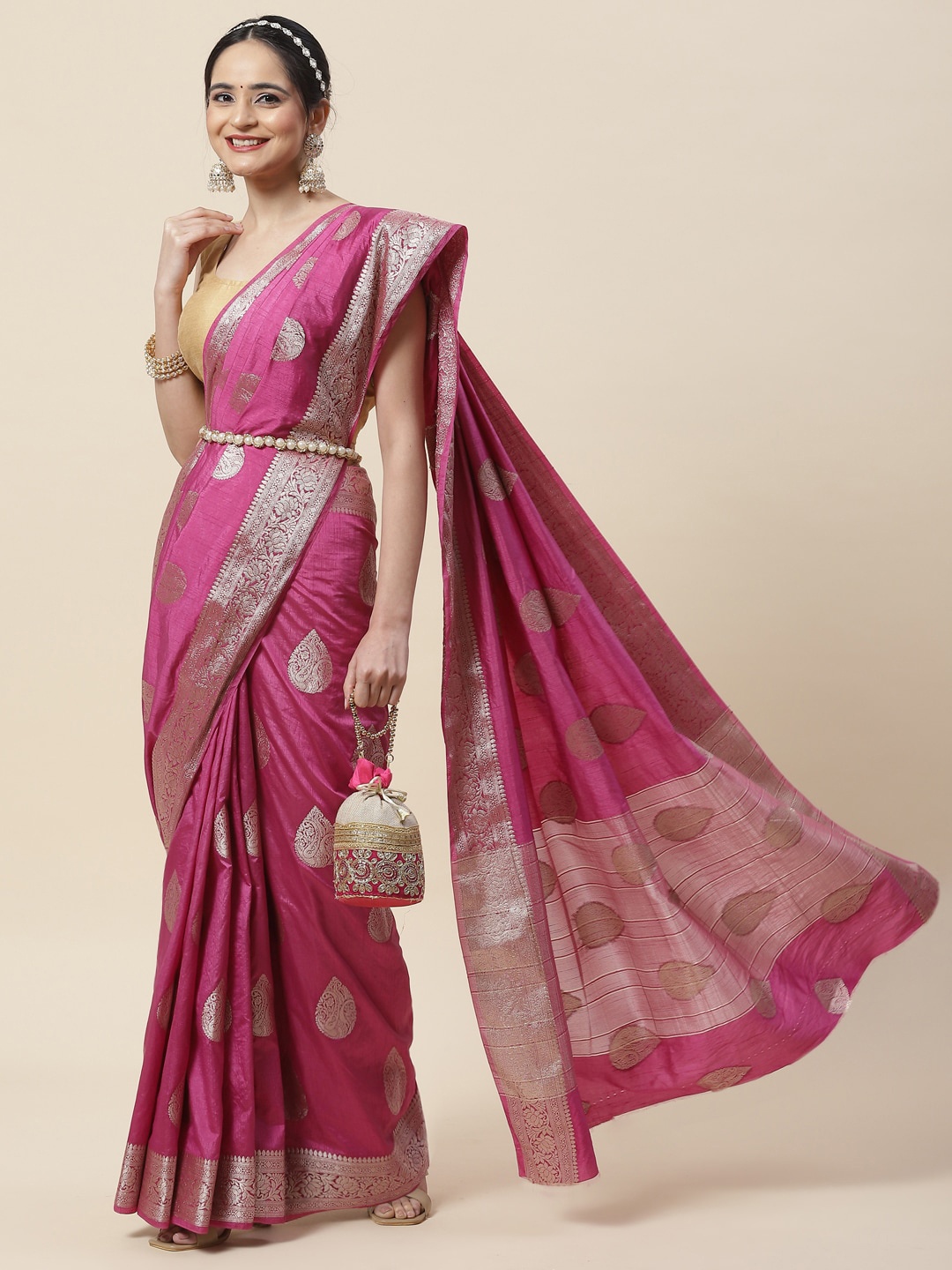 

Meena Bazaar Ethnic Motifs Woven Design Zari Saree, Purple