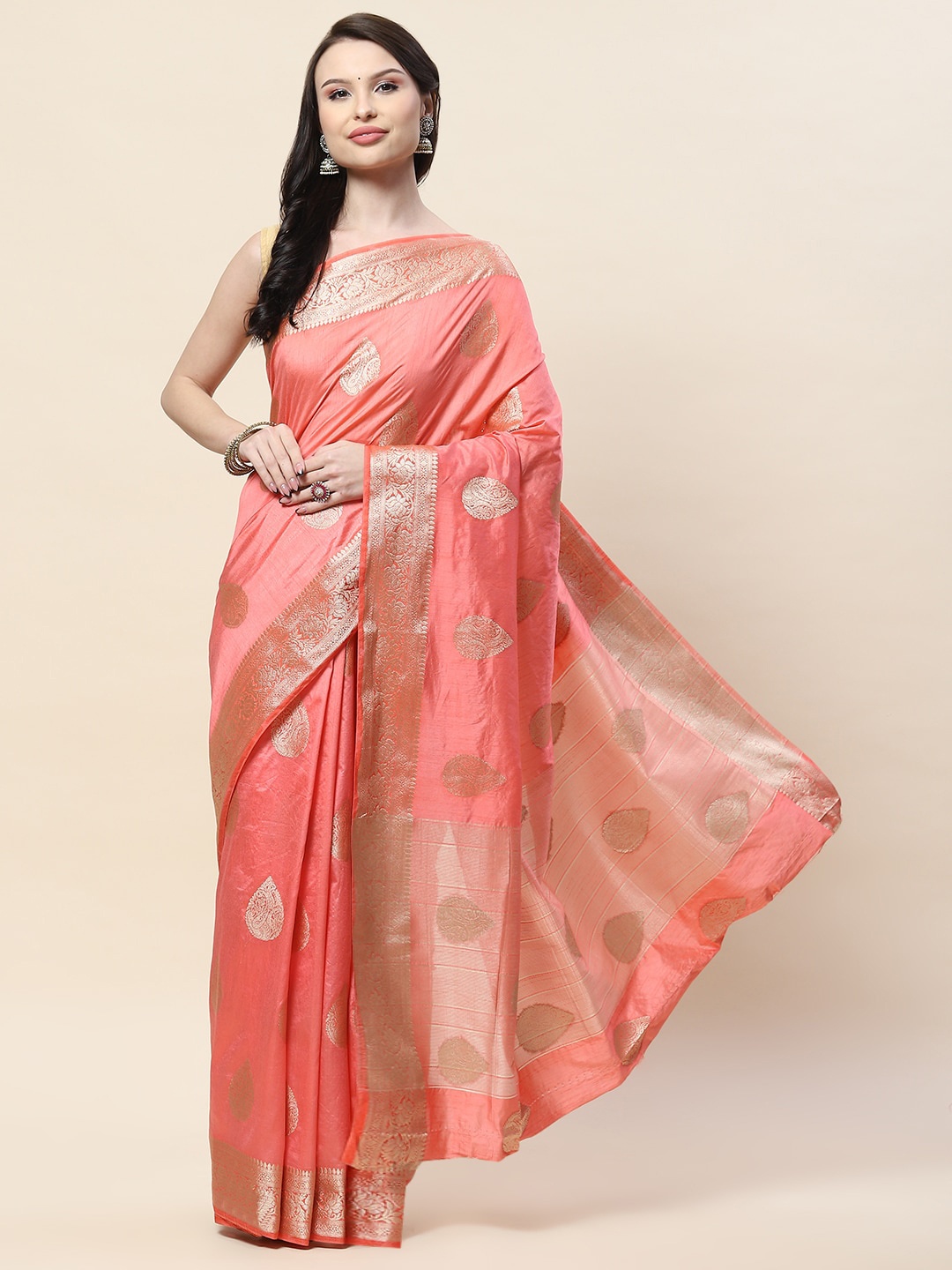 

Meena Bazaar Ethnic Motifs Woven Design Zari Art Silk Saree, Peach