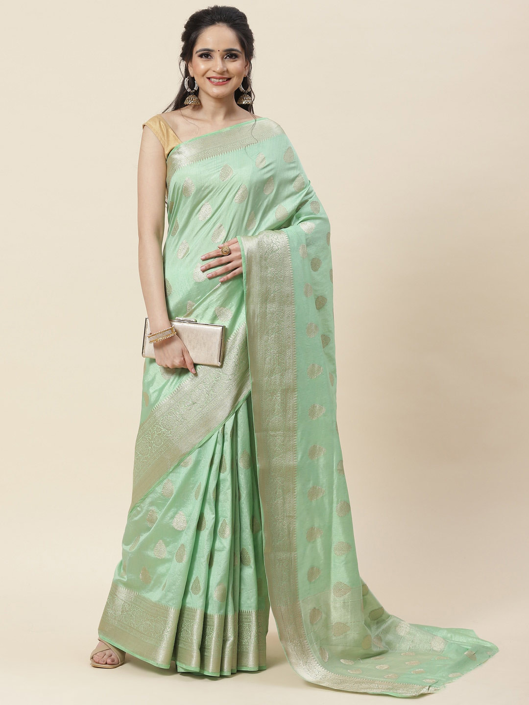 

Meena Bazaar Ethnic Motifs Woven Design Zari Art Silk Saree, Green