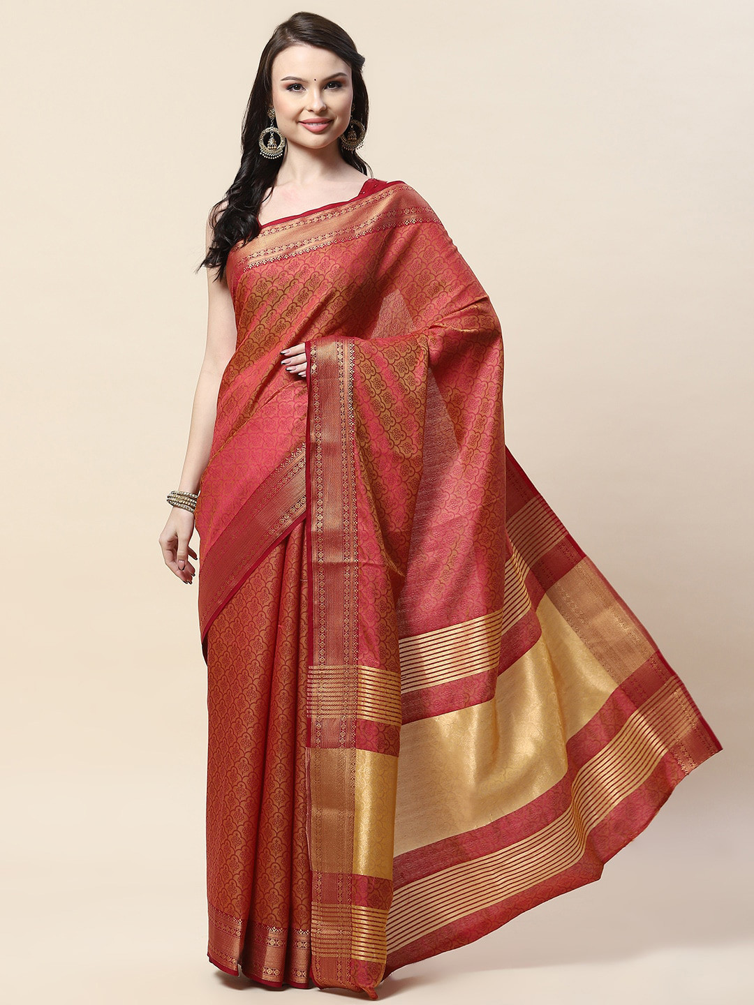 

Meena Bazaar Floral Woven Design Zari Saree, Orange
