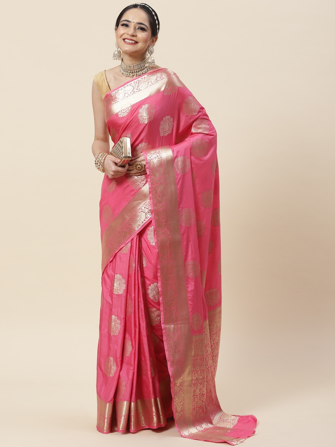 

Meena Bazaar Ethnic Motifs Woven Design Zari Saree, Pink
