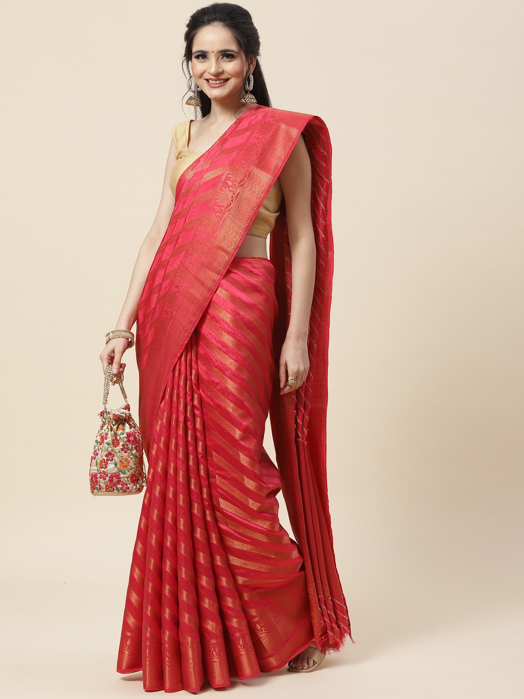 

Meena Bazaar Floral Woven Design Zari Art Silk Saree, Red