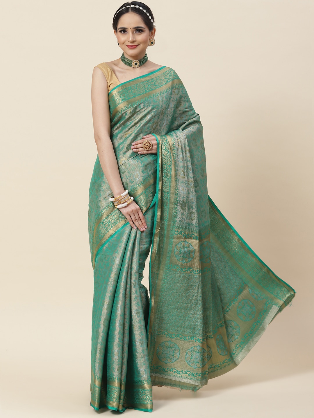 

Meena Bazaar Floral Woven Design Zari Saree, Green
