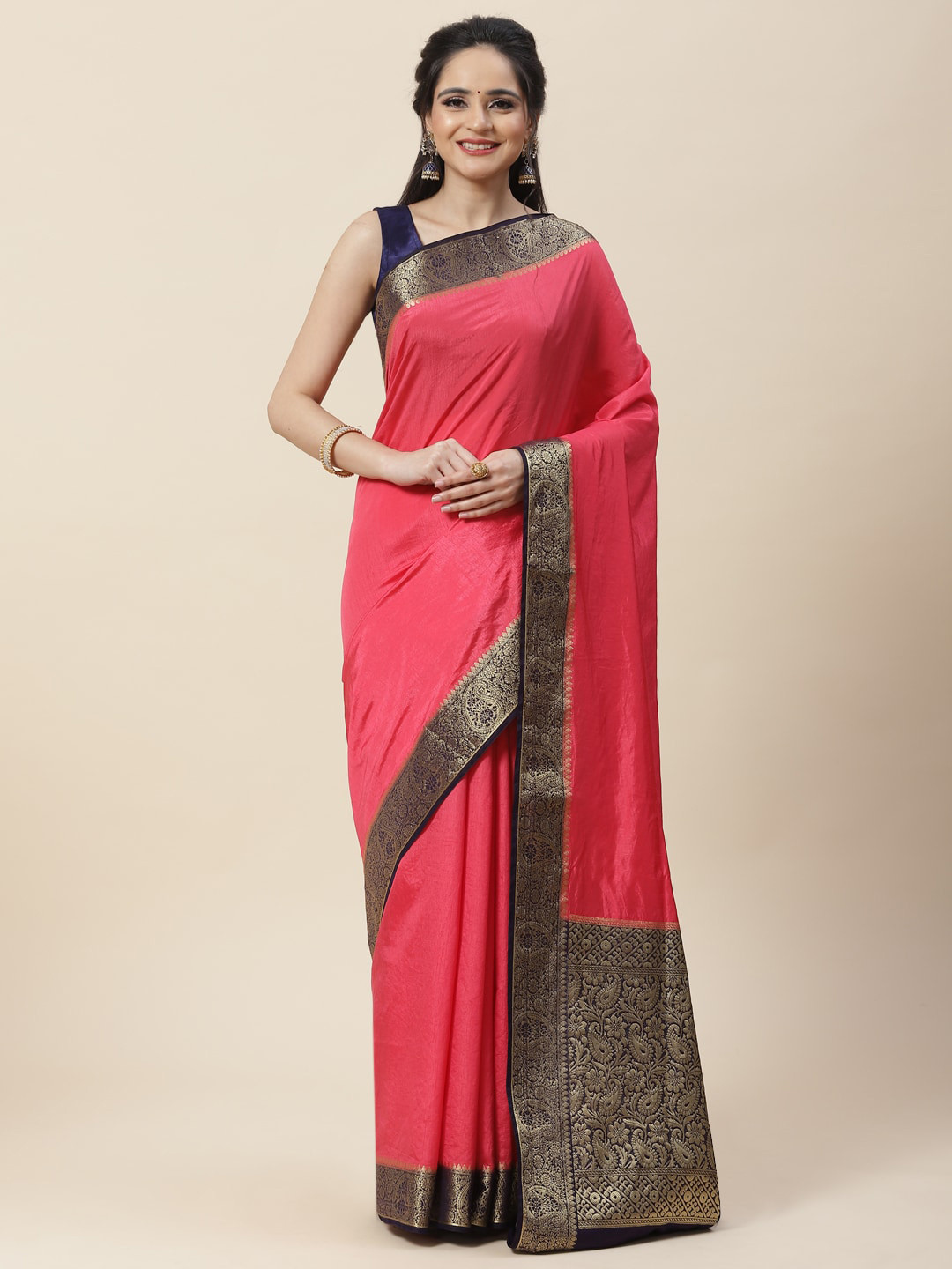 

Meena Bazaar Zari Art Silk Woven Saree, Pink