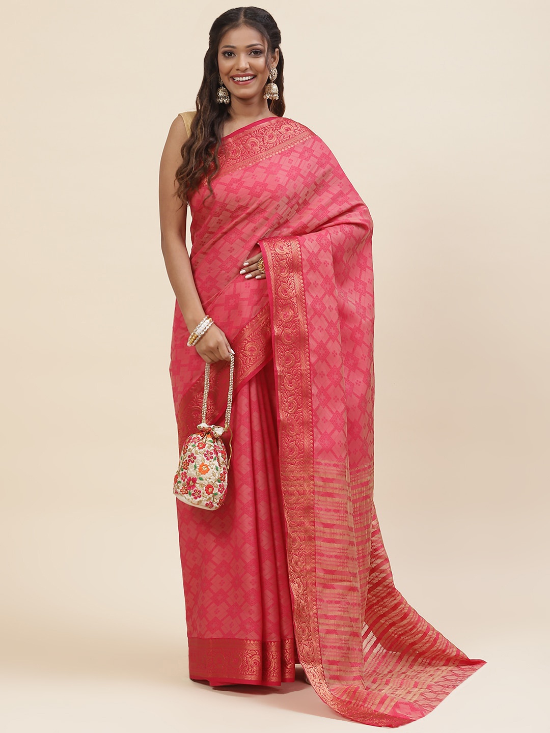 

Meena Bazaar Ethnic Motifs Woven Design Zari Art Silk Saree, Pink