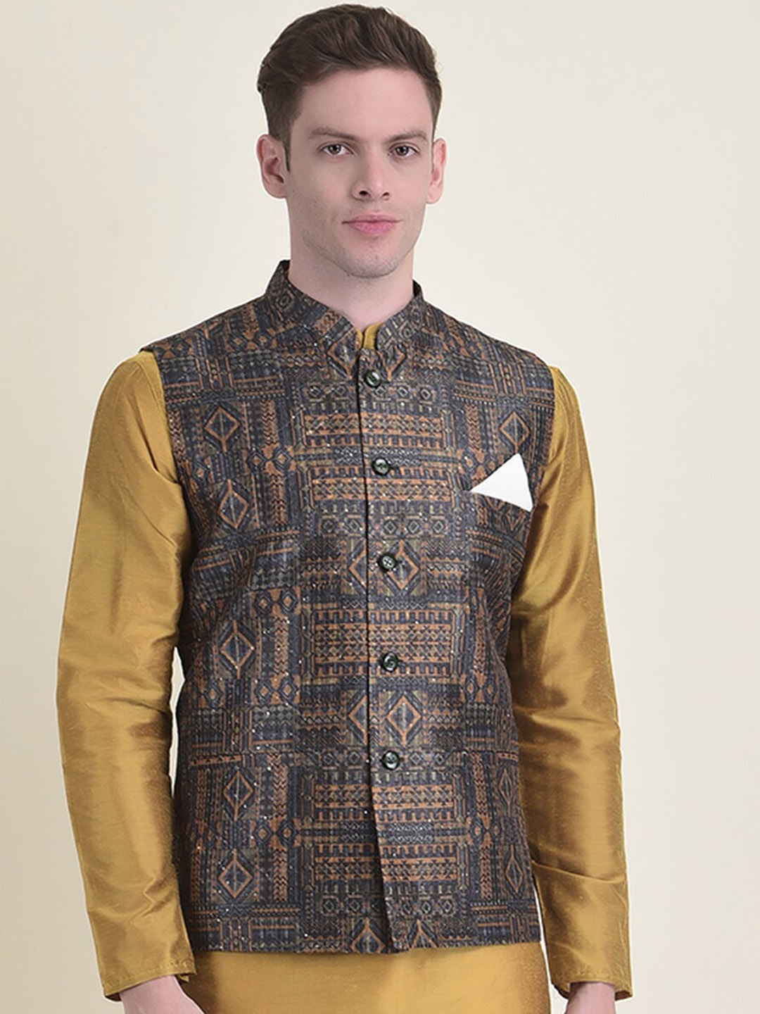 

HOUSE OF DEYANN Mandarin Collar Kurta With Trousers & Nehru Jacket, Mustard